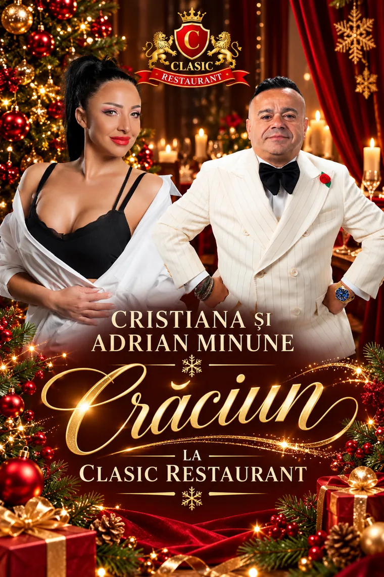 Afișul petrecerii de Crăciun 2026 cu Cristiana și Adrian Copilul Minune la Clasic Restaurant, Tottenham