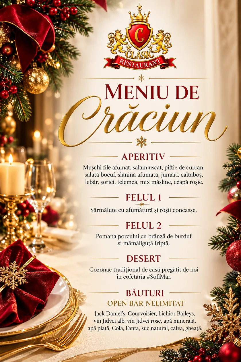 Meniul de Crăciun 2026 la Clasic Restaurant Londra: aperitiv, sarmale, pomana porcului, cozonac și open bar